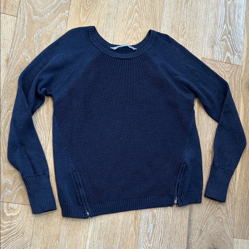 Athleta Navy Crewneck Knit Sweater with Side Zips